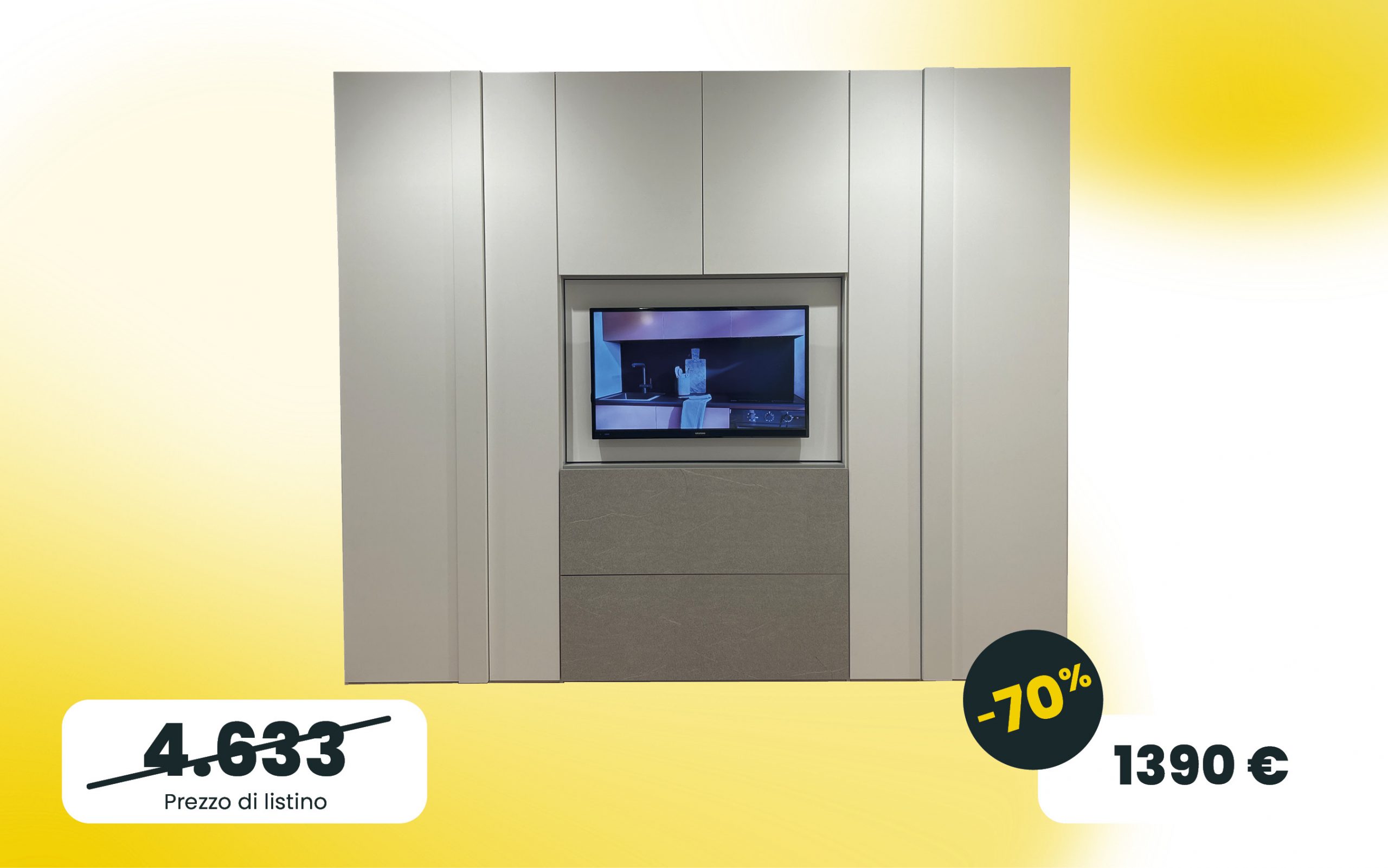 Armadio battente con porta TV centrale in laccato Bianco e cassettoni in Graniglia chiara