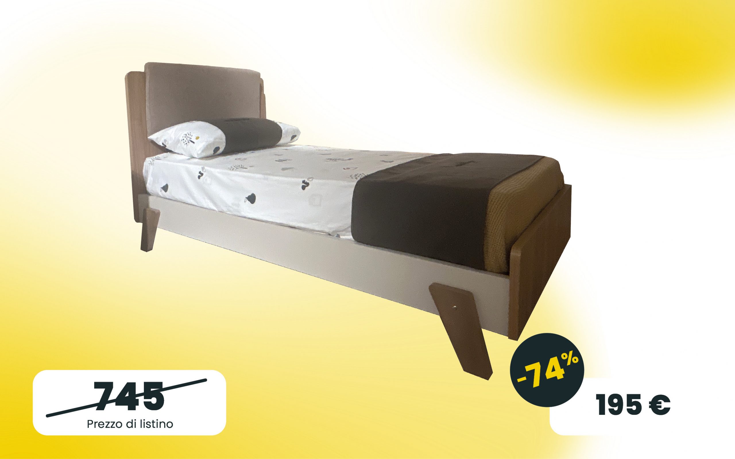 Letto singolo per cameretta in Noce biondo, Orzo e cuscino in tessuto Tortora